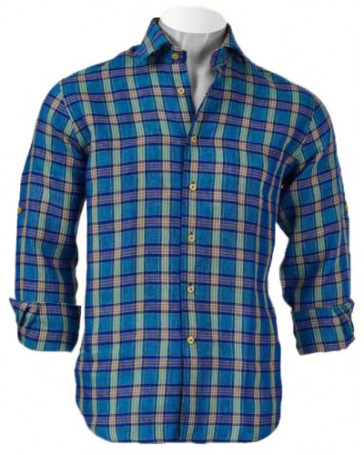 Men's Fashion Shirt by Inserch / Merc - 100% Linen / China Blue Plaid a