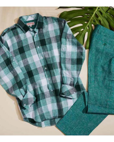 Men's Fashion Shirt by Inserch / Merc - 100% Linen / Green Check a