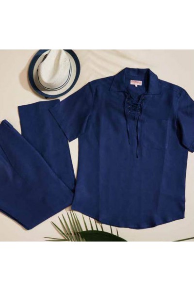 Men's 100% Linen S/S Shirt by Inserch / Merc - Lace Up Navy a